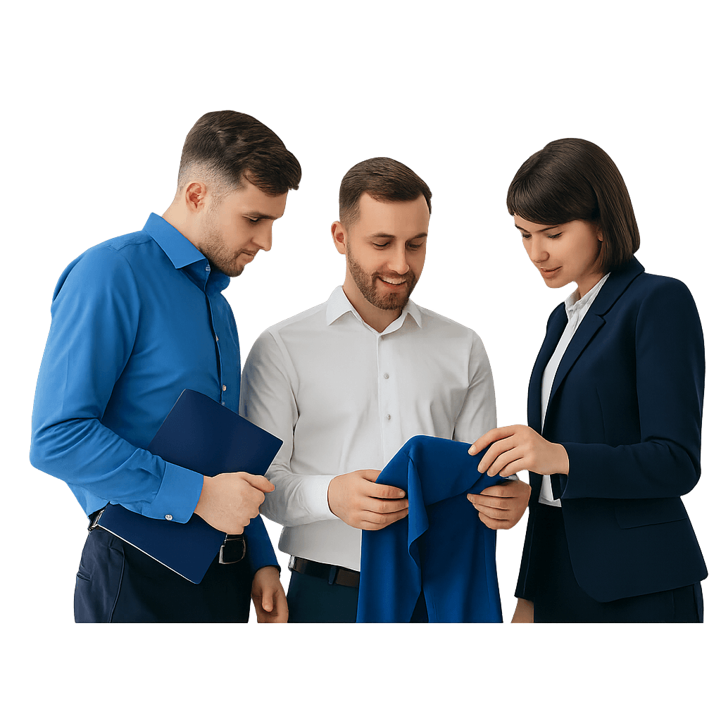 Profesionales revisando muestra textil corporativa — proceso de asesoría en dotación empresarial TexDot.