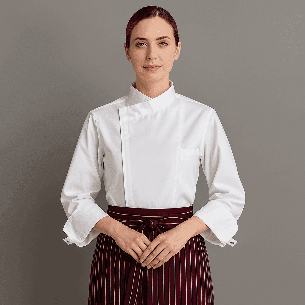 Chef profesional con chaqueta blanca y delantal a rayas vino tinto posando sobre fondo gris neutro.