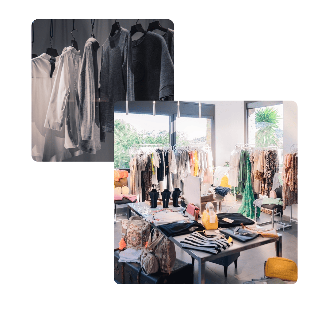 Vista de un showroom de moda con prendas colgadas y exhibidas en mesas dentro de una tienda boutique iluminada, enfocada en diseño y exhibición textil.