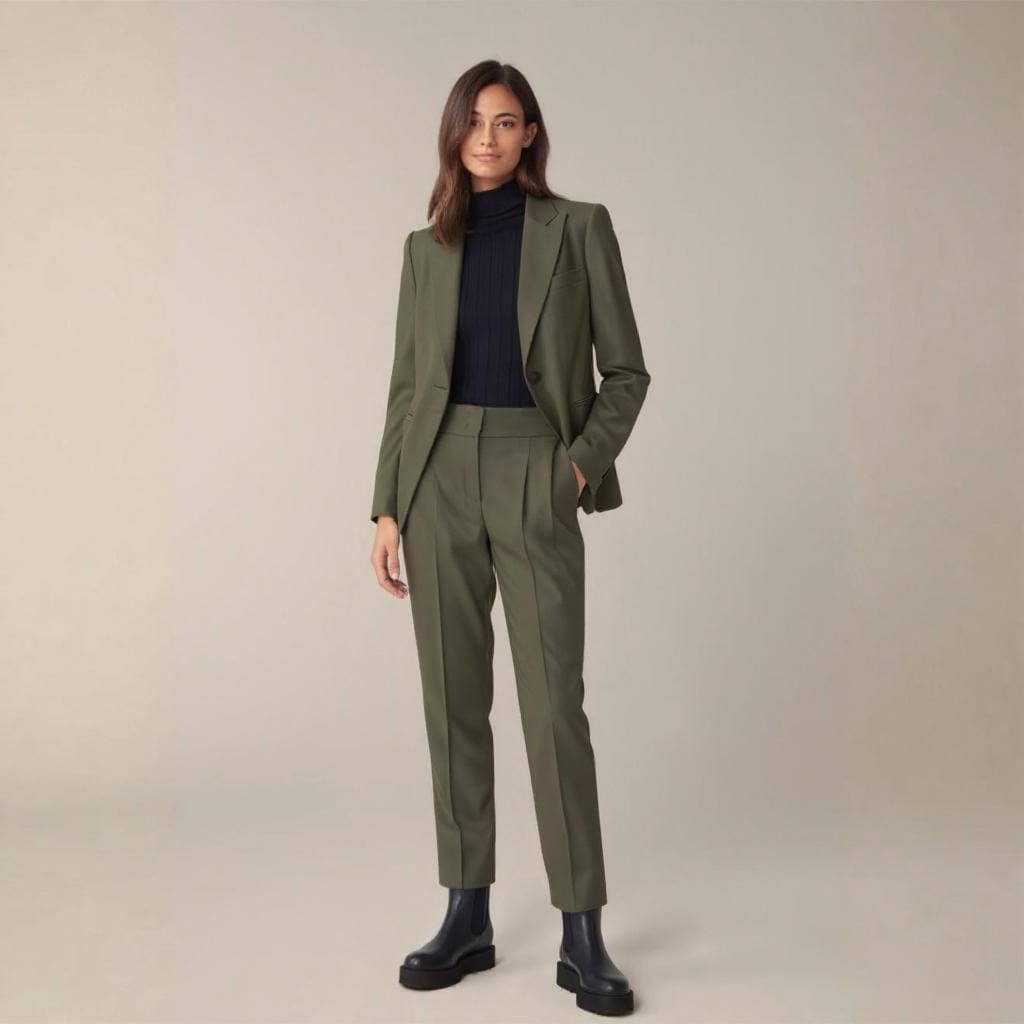 Mujer profesional usando traje sastre verde oliva con blazer y pantalón, ideal para entornos corporativos, fotografía de catálogo TexDot.